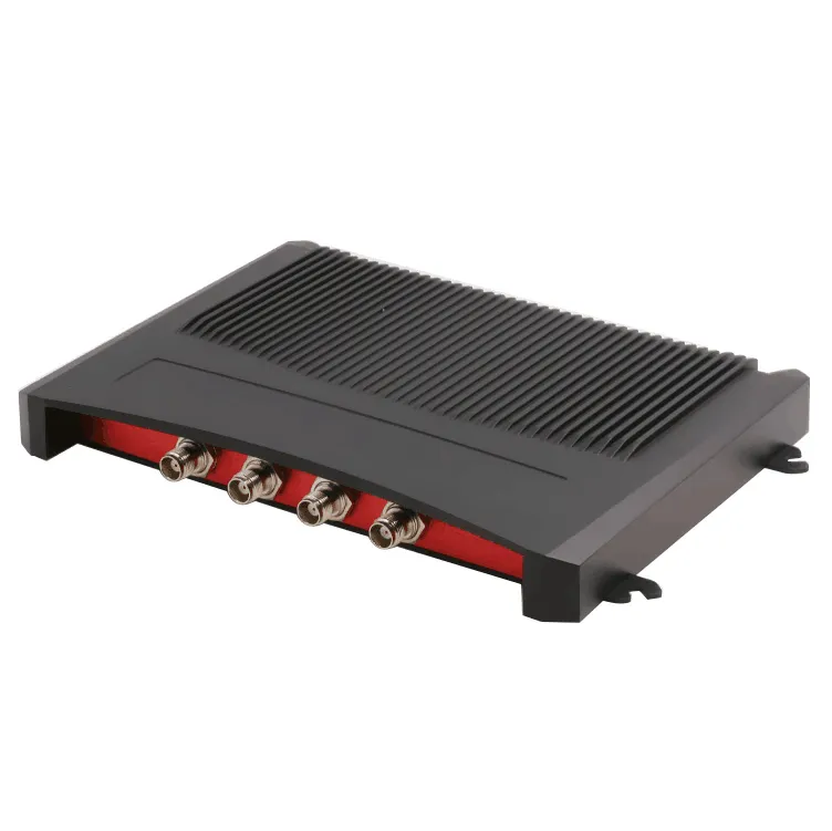 RA-RF700 UHF Fixed Reader, a black rectangular device with a ribbed heatsink top, red front panel, and four metal antenna connectors.